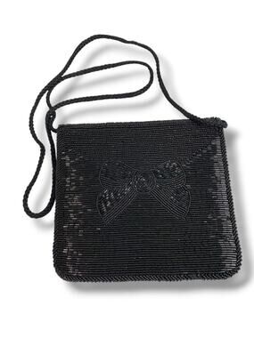 Andre Cellini Black Evening Bag Shoulder Strap Beaded Flap Satin